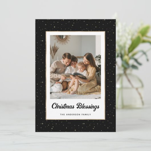 Elegant Black Gold Starry Photo Feestdagenkaart (Staand voorkant)