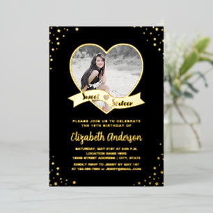 Elegant Black Gold Starry Sweet 16 Birthday Foto Folie Uitnodiging