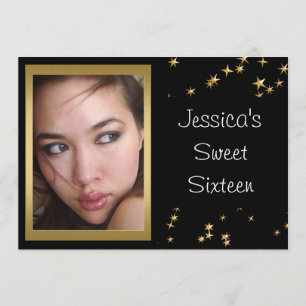 Elegant Black Gold Stars Foto Sweet 16 Kaart