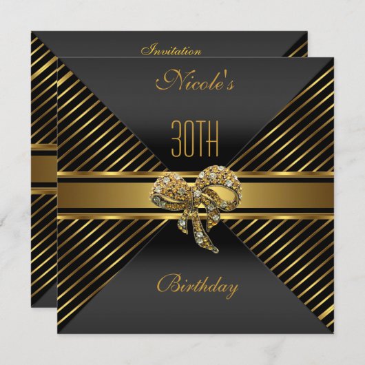 Elegant Black gold Stripe 30th Birthday Invitation Kaart (Voorkant / Achterkant)