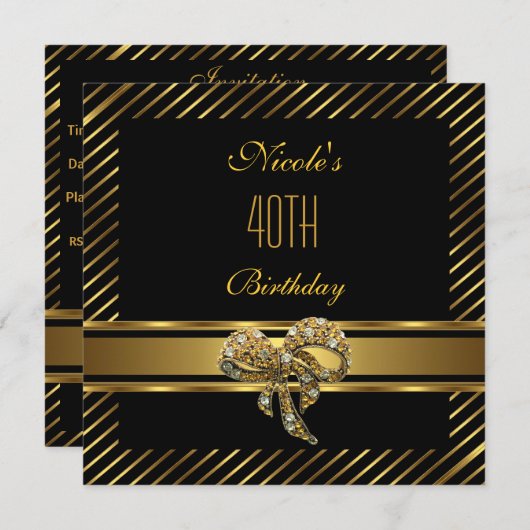 Elegant Black gold Stripe 40th Birthday Invitation Kaart (Voorkant / Achterkant)