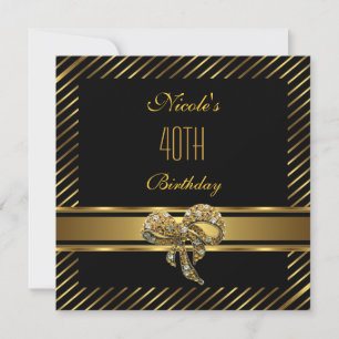 Elegant Black gold Stripe 40th Birthday Invitation Kaart