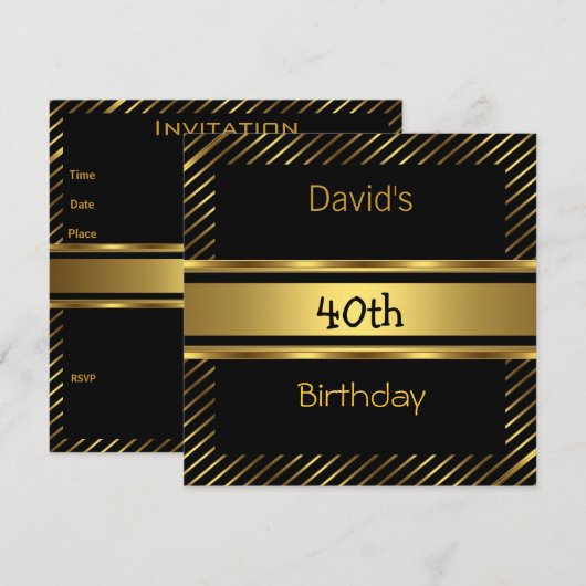 Elegant Black gold Stripe 40th Birthday Invitation Kaart (Voorkant / Achterkant)