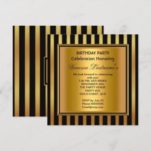 Elegant Black Gold Stripe Birthday Party Kaart (Voorkant / Achterkant)