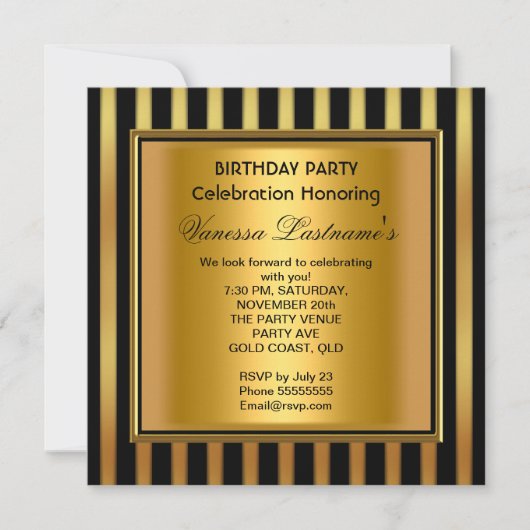 Elegant Black Gold Stripe Birthday Party Kaart (Voorkant)