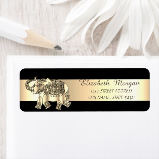 Elegant Black, Gold Stripe, Gold Paisley Elephant Etiket (Insitu)