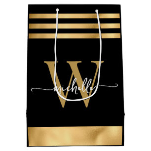 Elegant Black Gold Striped Monogram Girly Script Medium Cadeauzakje