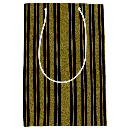 Elegant Black & Gold Stripes Medium Cadeauzakje (Voorkant)