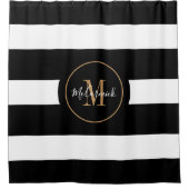Elegant Black Gold Stripes Monogram Script Name Douchegordijn (Voorkant)
