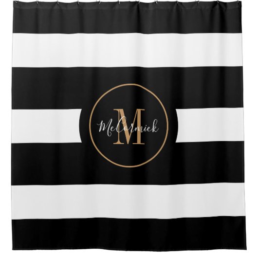 Elegant Black Gold Stripes Monogram Script Name Douchegordijn (Voorkant)