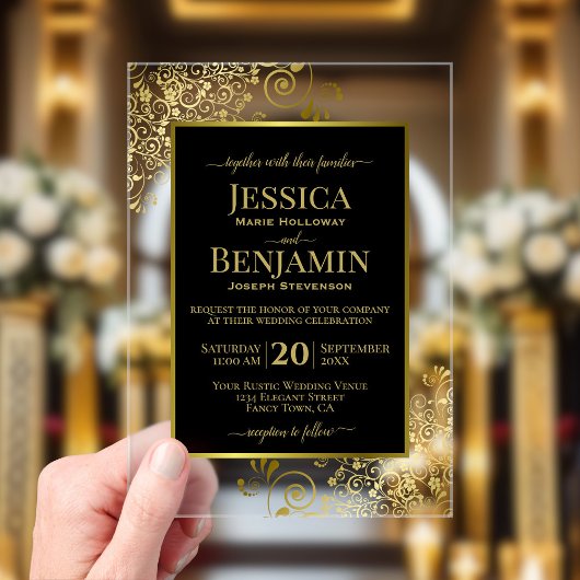 Elegant Black & Gold Stylish Text Classy Wedding Acryl Uitnodigingen