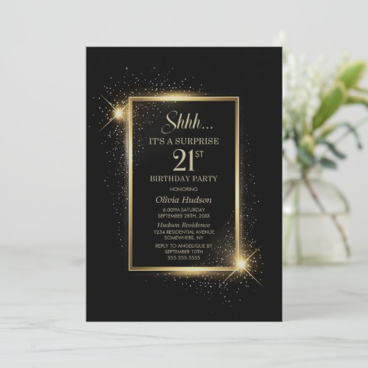 Elegant Black Gold Surprise 21e verjaardagsfeestje Kaart (Staand voorkant)