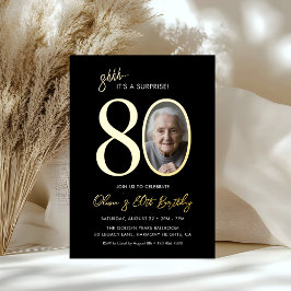Elegant Black Gold Surprise 80th Birthday Photo Folie Uitnodiging