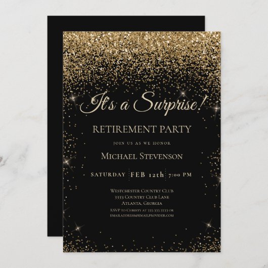 Elegant Black Gold Surprise Retirement Party Kaart (Voorkant / Achterkant)