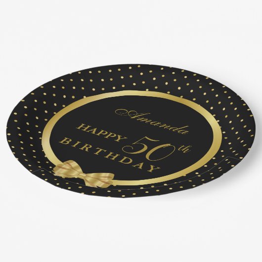 Elegant Black & Gold Surprise verjaardagsfeestje Papieren Bordje (Gekanteld)