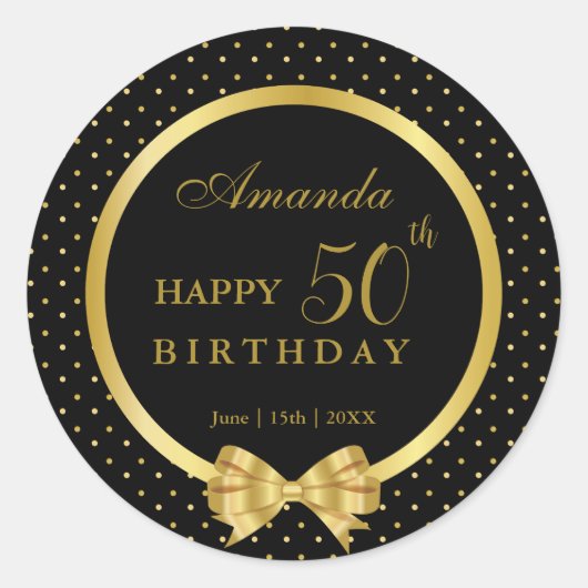 Elegant Black & Gold Surprise verjaardagsfeestje Ronde Sticker (Voorkant)