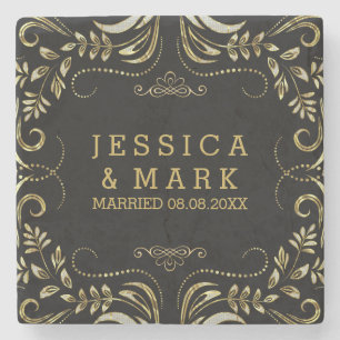 Elegant Black & Gold Swirls  Floral Lijst Stenen Onderzetter