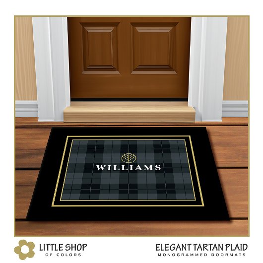 Elegant Black Gold Tartan Pset Monogram Deurmat