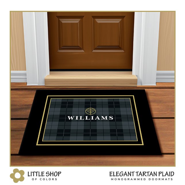 Elegant Black Gold Tartan Pset Monogram Deurmat (Creator heeft geüpload)