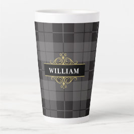 Elegant Black Gold Tartan Pset Monogram Latte Mok