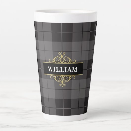 Elegant Black Gold Tartan Pset Monogram Latte Mok (Voorkant)