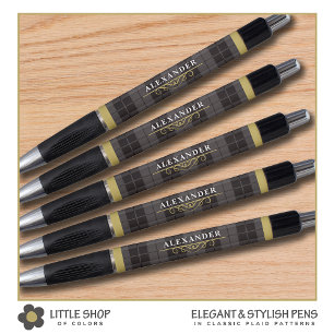 Elegant Black Gold Tartan Pset Monogram Pen