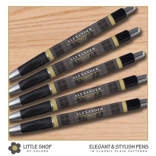 Elegant Black Gold Tartan Pset Monogram Pen
