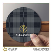 Elegant Black Gold Tartan Pset Monogram Ronde Kartonnen Onderzetter