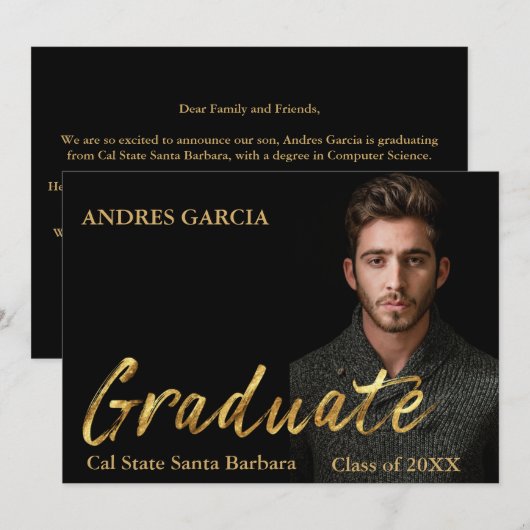 Elegant Black Gold Text Overlay Afstuderen Foto Aankondiging (Voorkant / Achterkant)