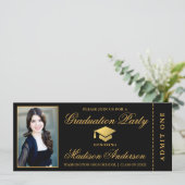 Elegant Black Gold Ticket Photo Graduparty Kaart (Staand voorkant)