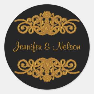 Elegant Black & Gold Tone Wedding Envelope Seal Ronde Sticker