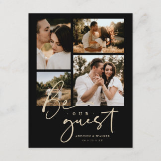Elegant Black Gold Trendy Collage Wedding 4-Photo Informatiekaartje