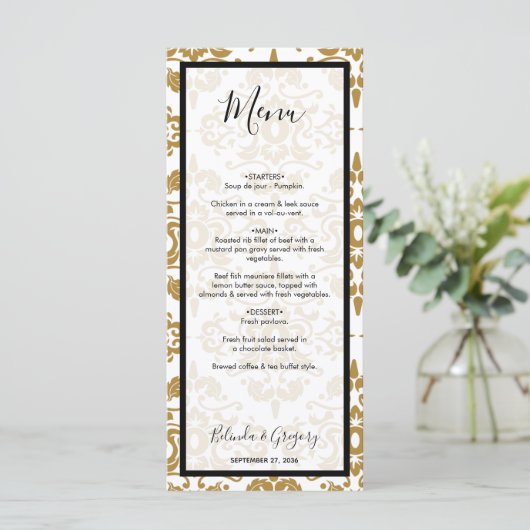 Elegant Black Gold Vintage Wedding Menu (Staand voorkant)