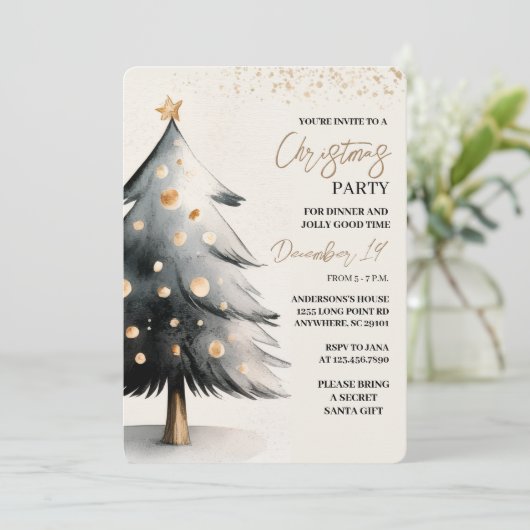 Elegant Black & Gold Watercolor Christmas Kaart (Staand voorkant)