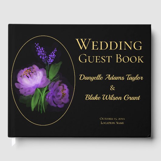 Elegant Black & Gold, Waterverf Floral Wedding Gu Gastenboek (Voorkant)