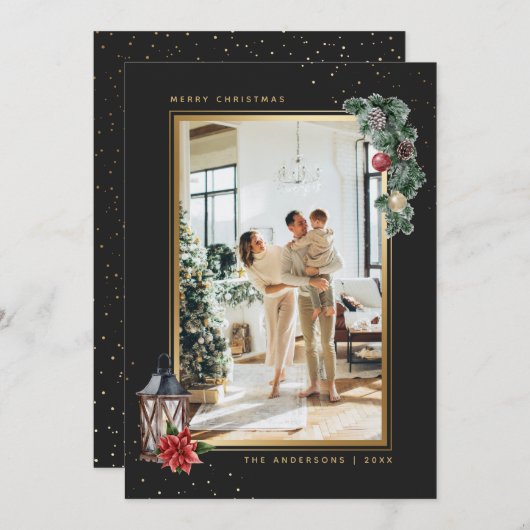 Elegant Black Gold Waterverf - Kerstmis Feestdagenkaart (Voorkant / Achterkant)