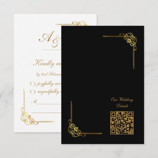 Elegant Black Gold Wedding Event QR Code RSVP Kaartje (Voorkant / Achterkant)