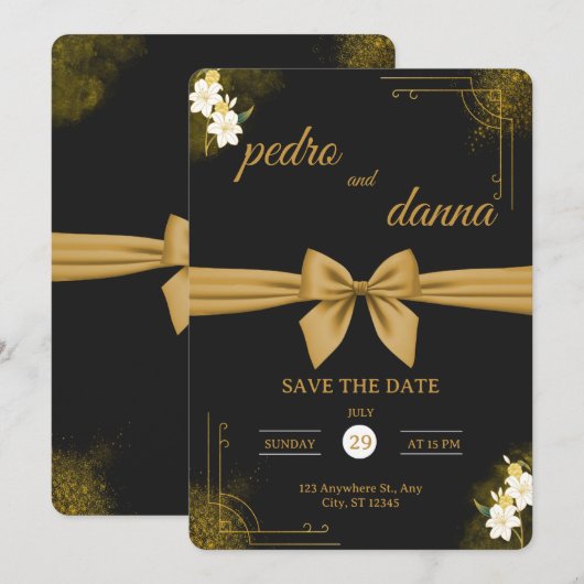 Elegant Black & Gold Wedding Invitation Kaart (Voorkant / Achterkant)