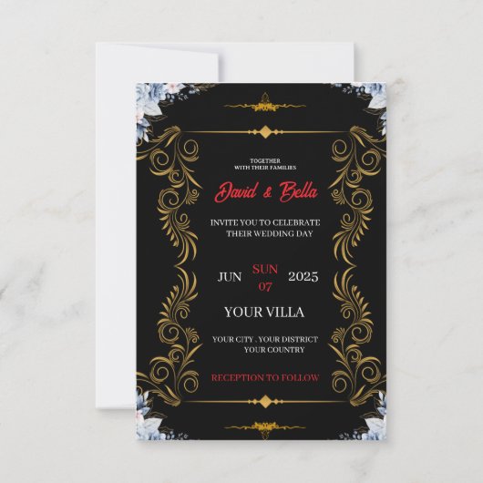 Elegant Black & Gold Wedding Invitation RSVP Kaartje (Voorkant)