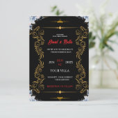 Elegant Black & Gold Wedding Invitation RSVP Kaartje (Staand voorkant)