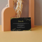 Elegant Black Gold Wedding Leaf Design Details Informatiekaartje