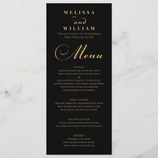 Elegant Black Gold Wedding Menu (Voorkant)