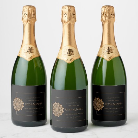 Elegant Black & Gold Wedding – Personalized Sparkling Wijnetiket (Flessen)