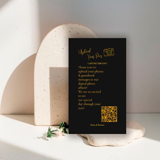 Elegant Black Gold Wedding Photo Sharing QR Code   Informatiekaartje