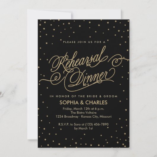 Elegant Black & Gold Wedding Rehearsal Dinner Kaart (Voorkant)