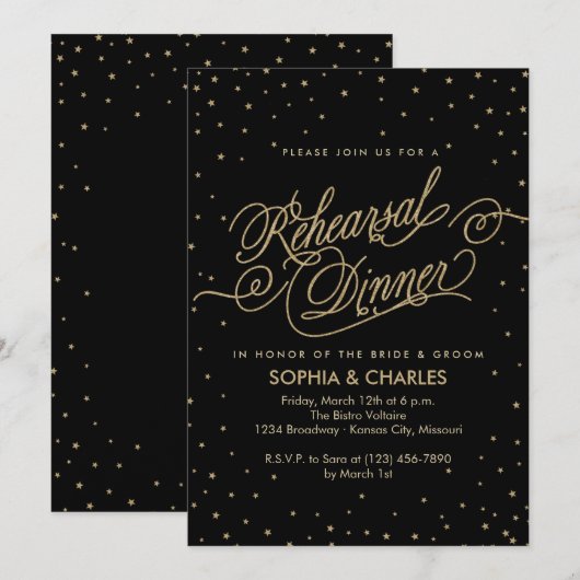 Elegant Black & Gold Wedding Rehearsal Dinner Kaart (Voorkant / Achterkant)