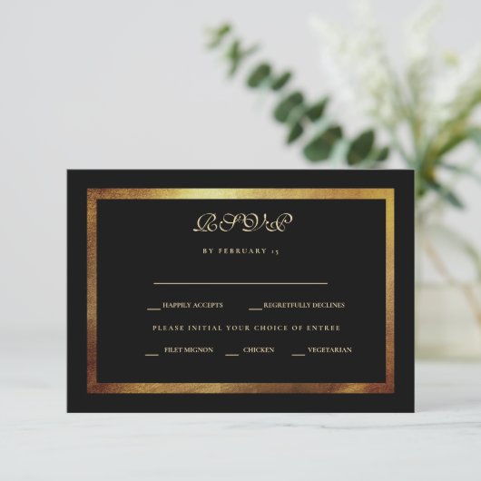 Elegant Black & Gold Wedding RSVP (Staand voorkant)