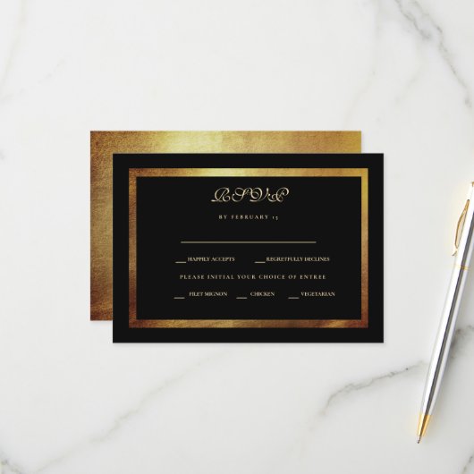 Elegant Black & Gold Wedding RSVP Kaartje (Voorkant / Achterkant in situ)
