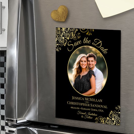 Elegant Black & Gold Wedding Save the Date Photo Magnetische Uitnodiging