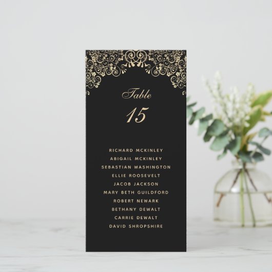Elegant Black Gold Wedding Seating Chart (Staand voorkant)